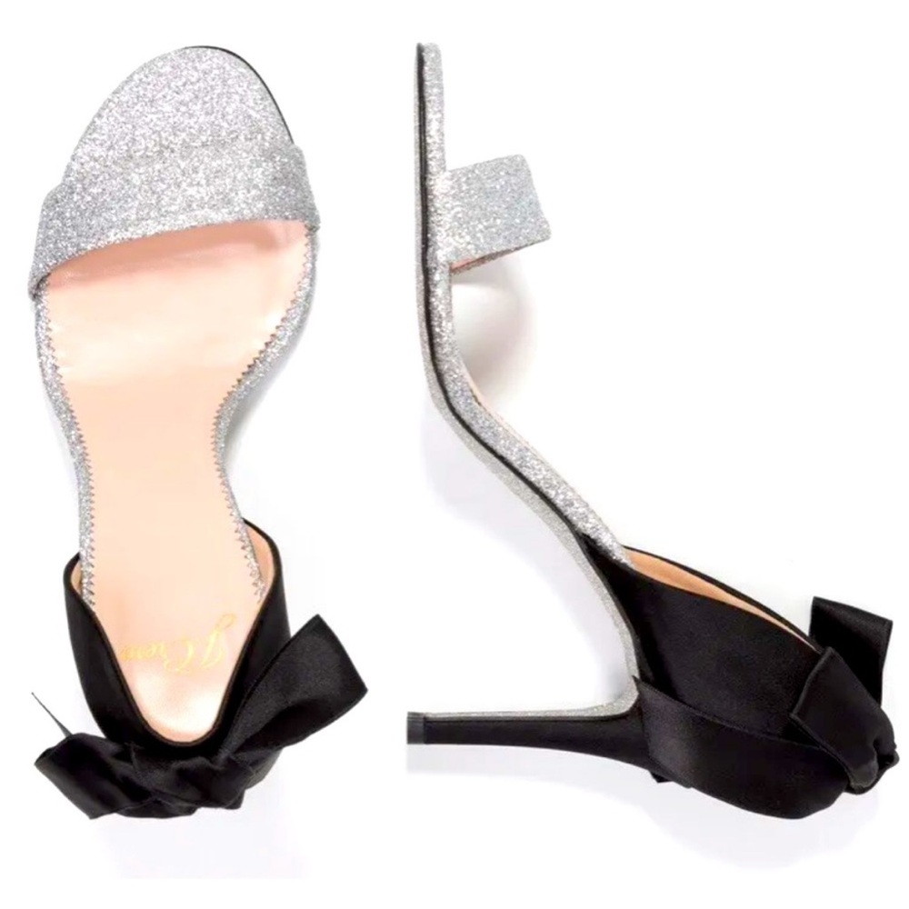 J. Crew Glittering Silver Heels with Black Bow